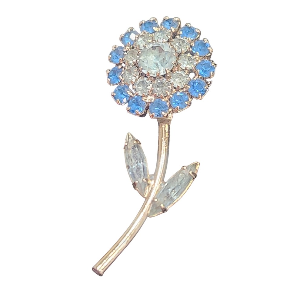Vintage Blue and Clear Rhinestone Flower Brooch Silver Tone Floral Pin 2.5 Inch